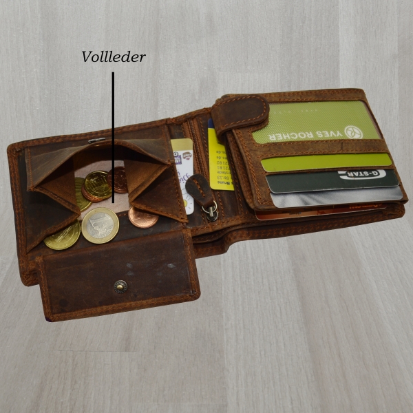 flevado Geldbeutel Wild Leder Herren Geldbörse Querformat Doppelnaht Braun und RFID Schutz
